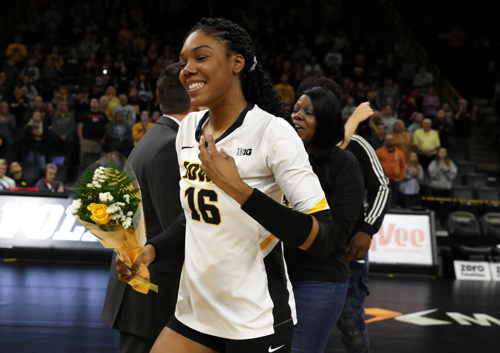 Iowa Hawkeyes outside hitter Taylor Louis (16) during senior day activities before their game against the Ohio State Buckeyes Saturday, November 24, 2018 at Carver-Hawkeye Arena. (Brian Ray/hawkeyesports.com)