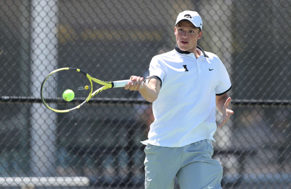 IowaÕs Joe Tyler against the Michigan Wolverines Sunday, April 21, 2019 at the Hawkeye Tennis and Recreation Complex. (Brian Ray/hawkeyesports.com)