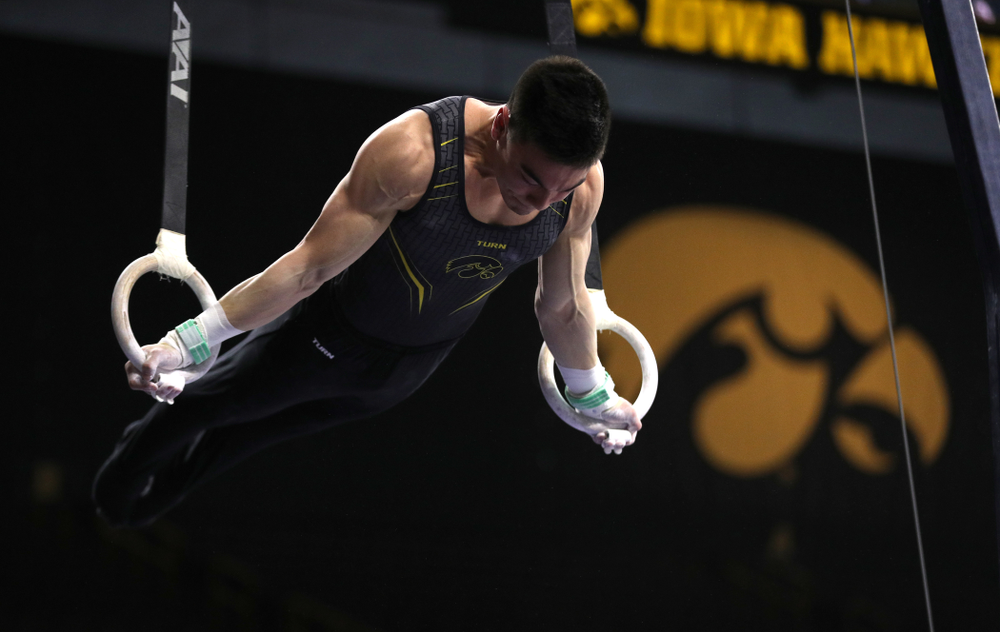 Iowa's Brandon Wong competes on the rings against Oklahoma Saturday, February 9, 2019 at Carver-Hawkeye Arena. (Brian Ray/hawkeyesports.com)
