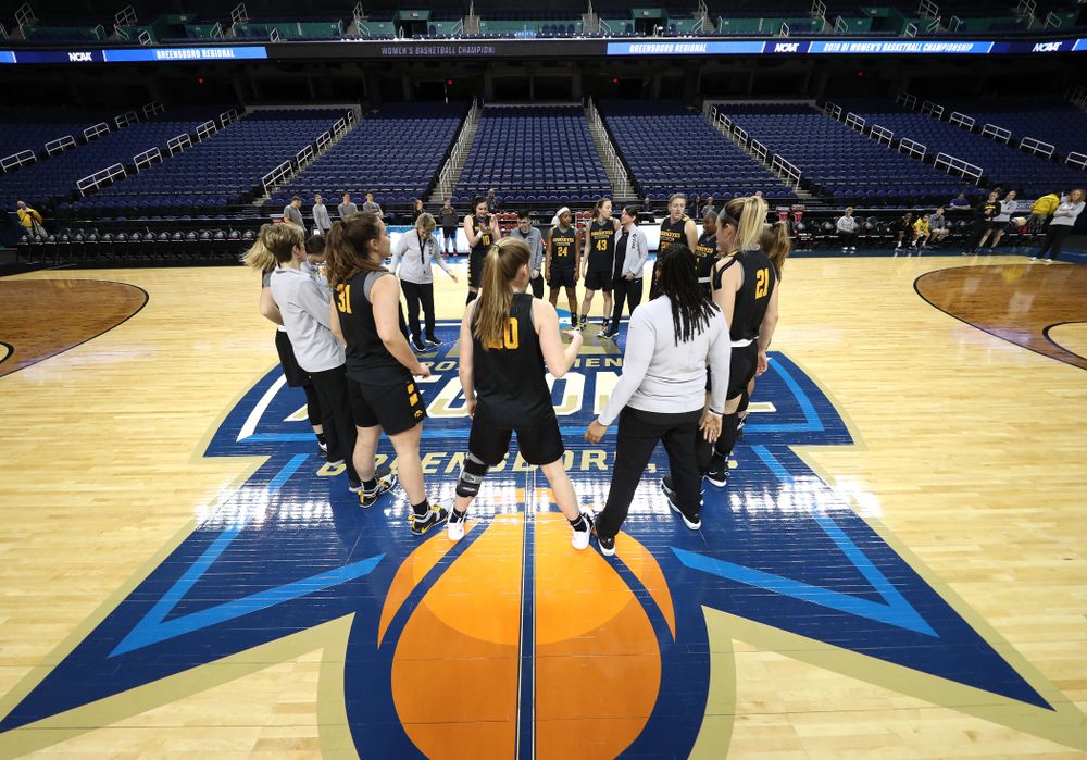 The Iowa Hawkeyes during media and practice as they prepare for their Sweet 16 matchup against NC State Friday, March 29, 2019 at the Greensboro Coliseum in Greensboro, NC.(Brian Ray/hawkeyesports.com)