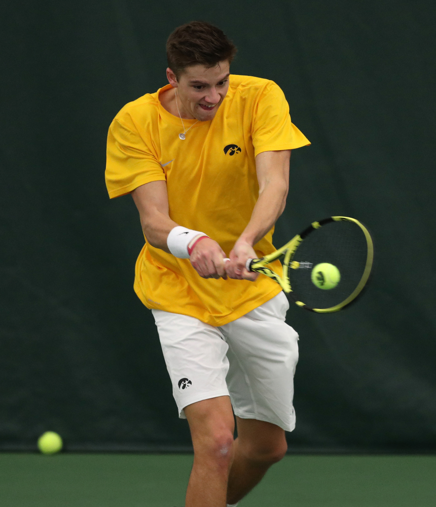 Joe Tyler against Utah Sunday, February 10, 2019 at the Hawkeye Tennis and Recreation Complex. (Brian Ray/hawkeyesports.com)