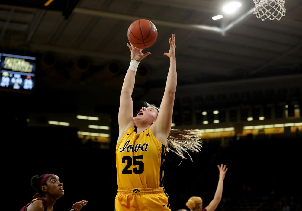 Iowa Hawkeyes forward/center Monika Czinano (25) against the Minnesota Golden Gophers Thursday, February 27, 2020 at Carver-Hawkeye Arena. (Brian Ray/hawkeyesports.com)