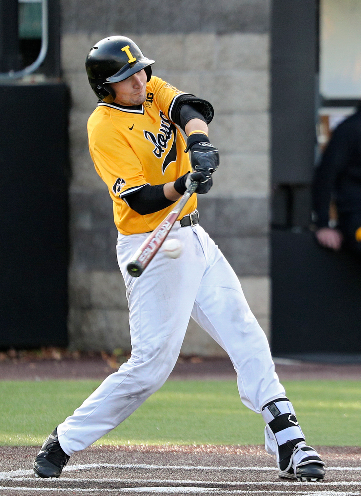 Iowa catcher Brett McCleary (32) bats during the fourth inning of the first game of the Black and Gold Fall World Series at Duane Banks Field in Iowa City on Tuesday, Oct 15, 2019. (Stephen Mally/hawkeyesports.com)