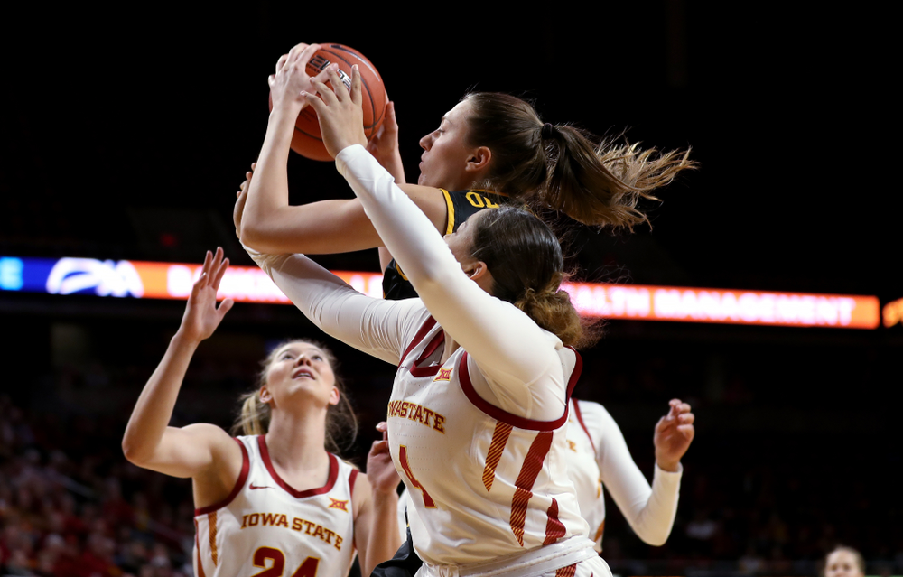Iowa Hawkeyes forward Amanda Ollinger (43) against the Iowa State Cyclones Wednesday, December 11, 2019 at Hilton Coliseum in Ames, Iowa(Brian Ray/hawkeyesports.com)