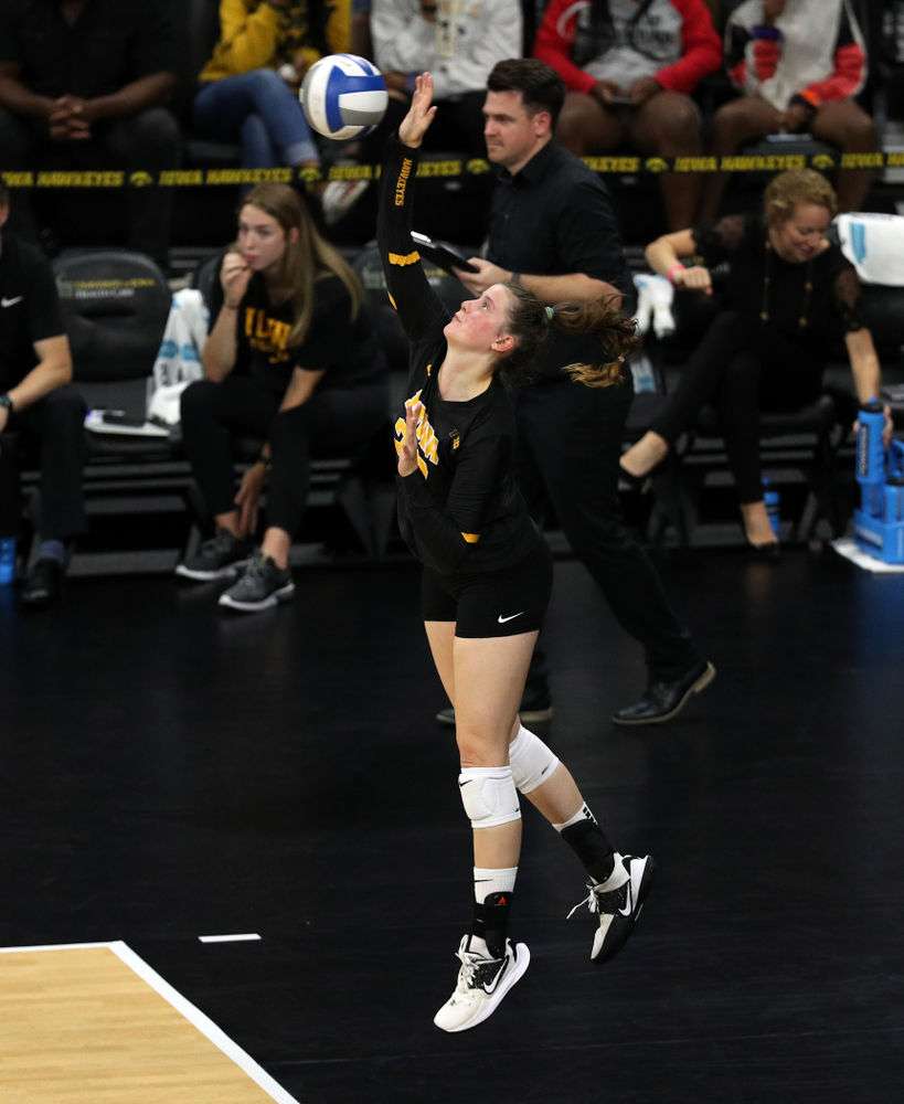 Iowa Hawkeyes outside hitter Edina Schmidt (20) against the Iowa State Cyclones Saturday, September 21, 2019 at Carver-Hawkeye Arena. (Brian Ray/hawkeyesports.com)