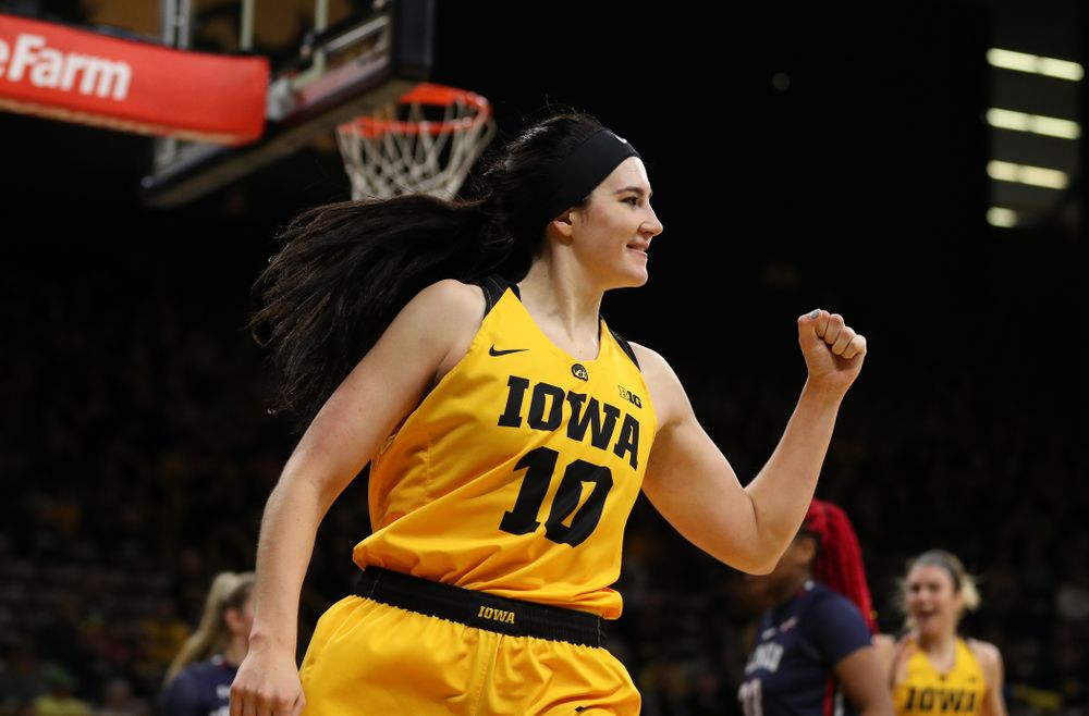 Iowa Hawkeyes forward Megan Gustafson (10) against the Robert Morris Colonials Sunday, December 2, 2018 at Carver-Hawkeye Arena. (Brian Ray/hawkeyesports.com)