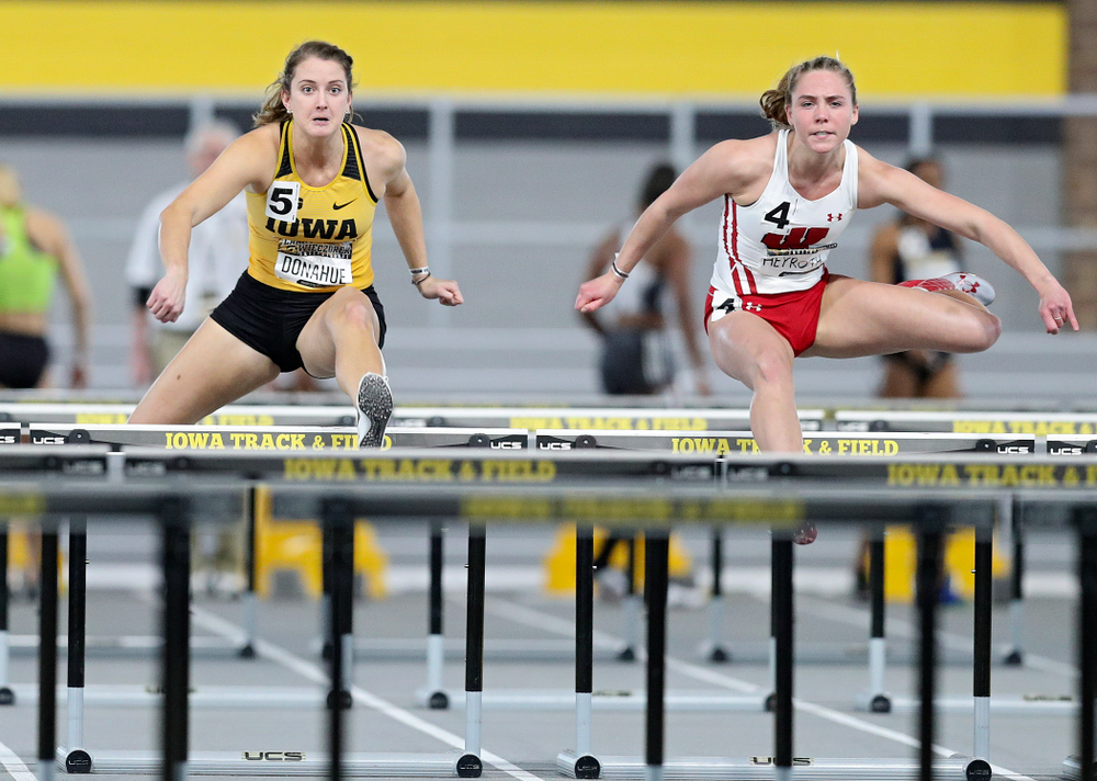 Iowa’s Carly Donahue runs the women’s 60 meter hurdles premier preliminary event during the Larry Wieczorek Invitational at the Recreation Building in Iowa City on Saturday, January 18, 2020. (Stephen Mally/hawkeyesports.com)