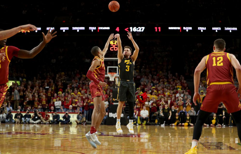 Iowa Hawkeyes guard Jordan Bohannon (3) against the Iowa State Cyclones Thursday, December 12, 2019 at Hilton Coliseum in Ames, Iowa(Brian Ray/hawkeyesports.com)