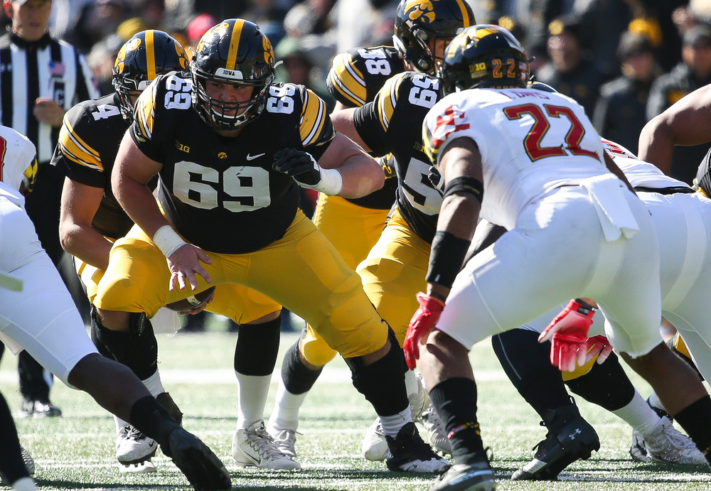 Iowa Hawkeyes offensive lineman Keegan Render (69) blocks during a game against Maryland at Kinnick Stadium on October 20, 2018. (Tork Mason/hawkeyesports.com)