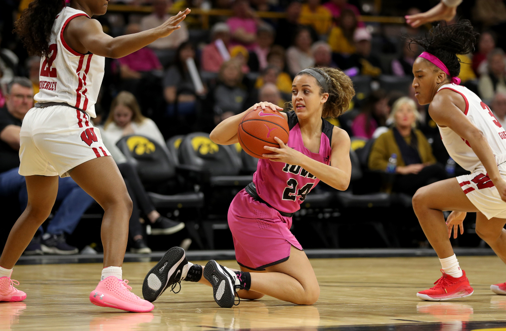 Iowa Hawkeyes guard Gabbie Marshall (24) against the Wisconsin Badgers Sunday, February 16, 2020 at Carver-Hawkeye Arena. (Brian Ray/hawkeyesports.com)