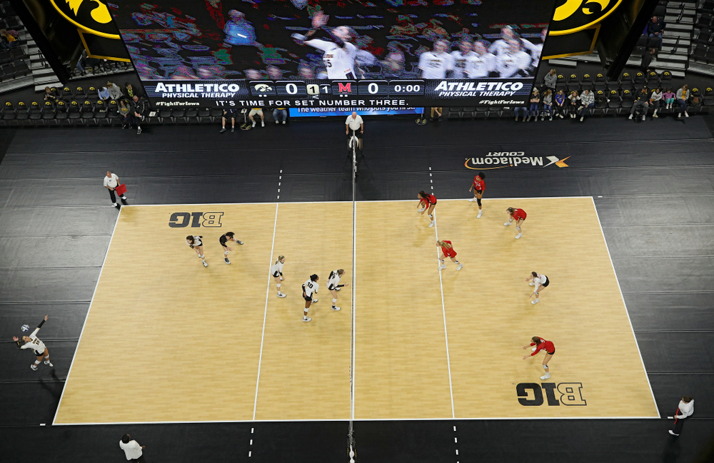 Iowa’s Maddie Slagle (15) serves the ball during the third set of their match at Carver-Hawkeye Arena in Iowa City on Saturday, Nov 30, 2019. (Stephen Mally/hawkeyesports.com)