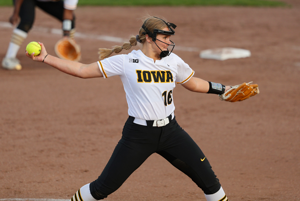 Iowa pitcher Sarah Lehman (16) delivers to the plate for a strikeout during the fifth inning of their game against Ohio State at Pearl Field in Iowa City on Friday, May. 3, 2019. (Stephen Mally/hawkeyesports.com)