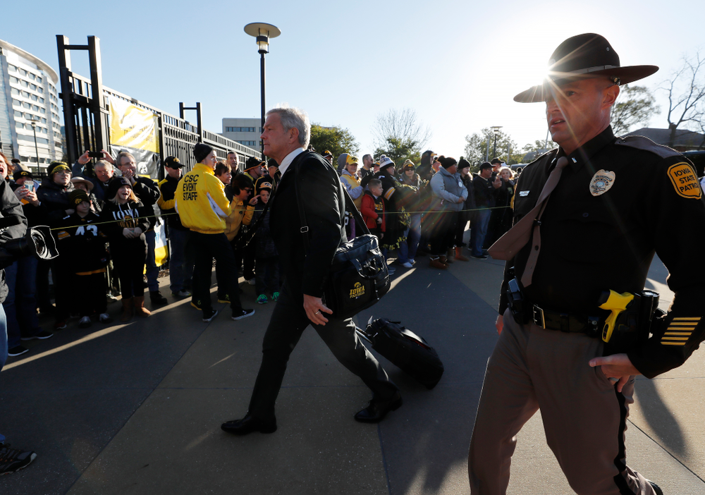 Iowa Hawkeyes head coach Kirk Ferentz arrives for their game against the Maryland Terrapins Saturday, October 20, 2018 at Kinnick Stadium (Brian Ray/hawkeyesports.com)