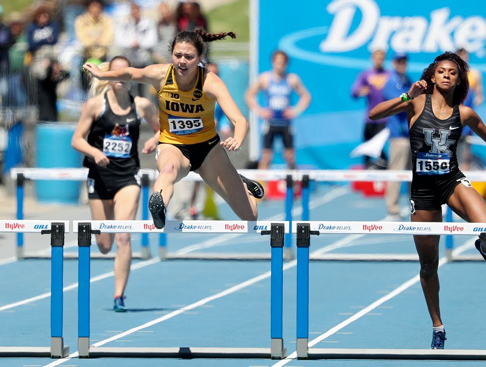 Iowa's Jenny Kimbro runs in the women's 400 meter hurdles event during the second day of the Drake Relays at Drake Stadium in Des Moines on Friday, Apr. 26, 2019. (Stephen Mally/hawkeyesports.com)