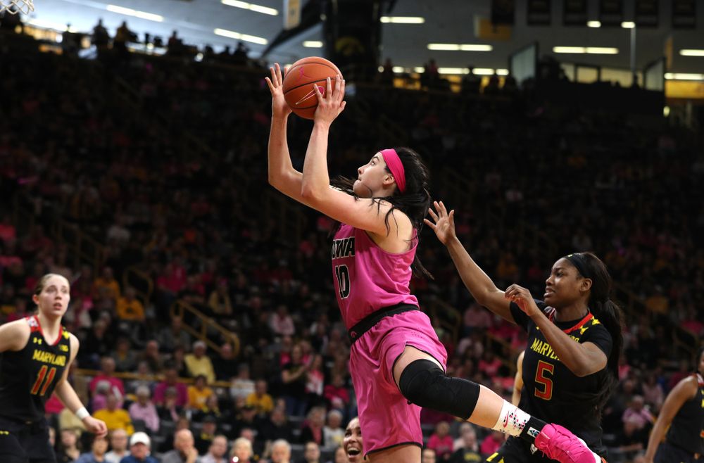 Iowa Hawkeyes forward Megan Gustafson (10) against the seventh ranked Maryland Terrapins Sunday, February 17, 2019 at Carver-Hawkeye Arena. (Brian Ray/hawkeyesports.com)