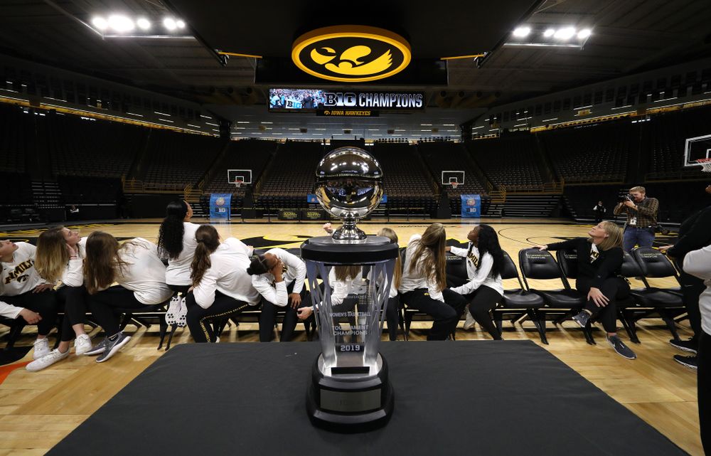 The Iowa Hawkeyes during a celebration of their Big Ten Women's Basketball Tournament championship Monday, March 18, 2019 at Carver-Hawkeye Arena. (Brian Ray/hawkeyesports.com)