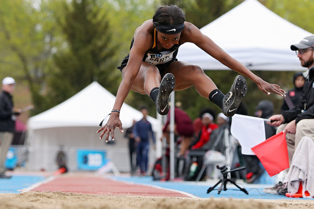 Iowa's Amanda Carty jumps in the women’s long jump event on the second day of the Big Ten Outdoor Track and Field Championships at Francis X. Cretzmeyer Track in Iowa City on Saturday, May. 11, 2019. (Stephen Mally/hawkeyesports.com)