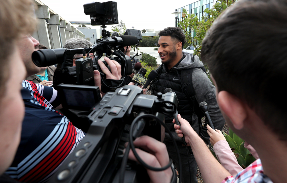 Iowa Hawkeyes defensive back Geno Stone (9) answers questions from reporters following Holiday Bowl Practice No. 3 Tuesday, December 24, 2019 at San Diego Mesa College. (Brian Ray/hawkeyesports.com)