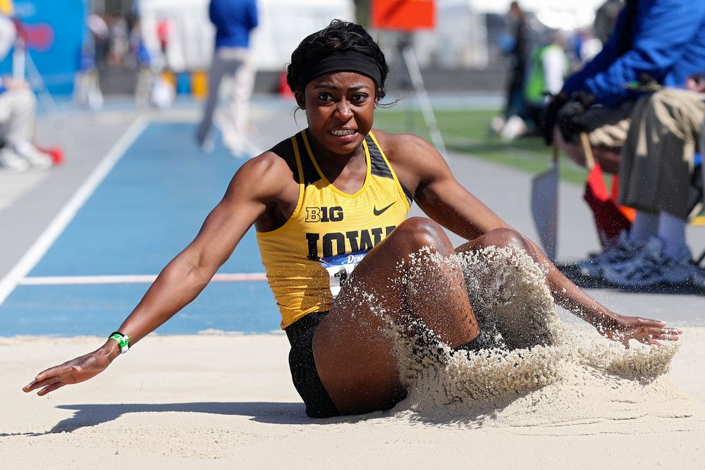 Iowa's Amanda Carty in the women's long jump event during the second day of the Drake Relays at Drake Stadium in Des Moines on Friday, Apr. 26, 2019. (Stephen Mally/hawkeyesports.com)