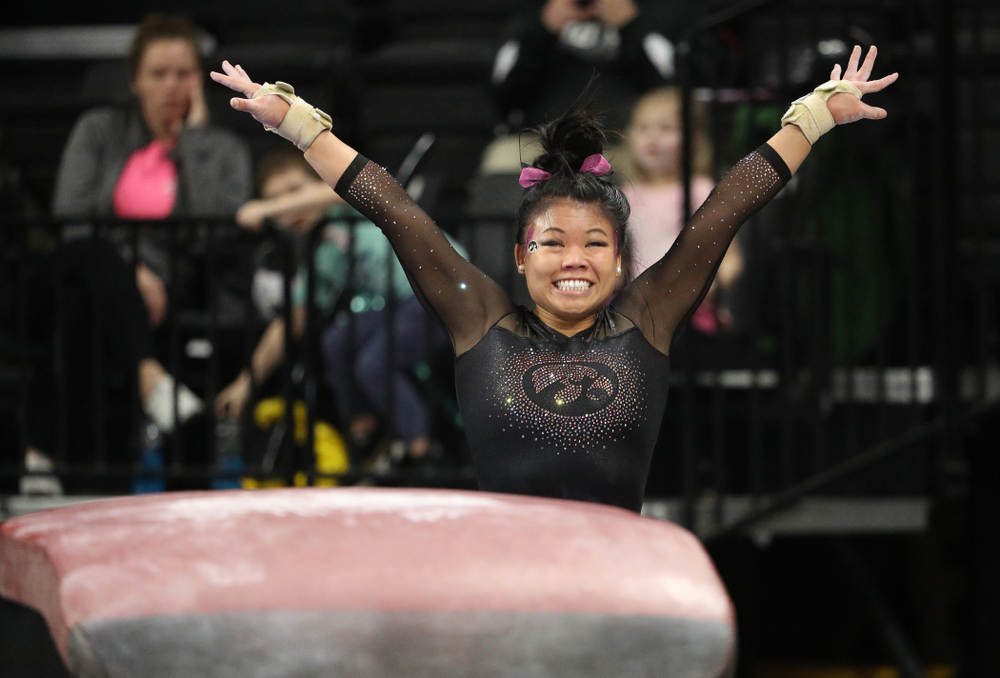 Iowa's Misty-Jade Carlson competes on the vault against the Minnesota Golden Gophers Saturday, January 19, 2019 at Carver-Hawkeye Arena. (Brian Ray/hawkeyesports.com)