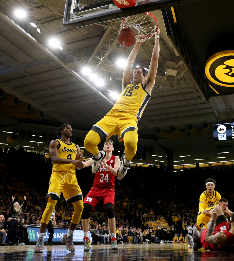 Iowa Hawkeyes forward Ryan Kriener (15) dunks the ball against the Nebraska Cornhuskers Saturday, February 8, 2020 at Carver-Hawkeye Arena. (Brian Ray/hawkeyesports.com)