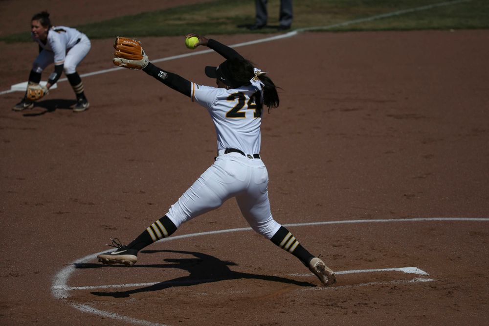 Iowa's Donirae Mayhew (24) at game 3 vs Northwestern on Sunday, March 31, 2019 at Bob Pearl Field. (Lily Smith/hawkeyesports.com)