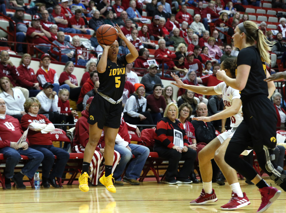 Iowa Hawkeyes guard Alexis Sevillian (5) against the Indiana Hoosiers Thursday, February 21, 2019 at Simon Skjodt Assembly Hall. (Brian Ray/hawkeyesports.com)