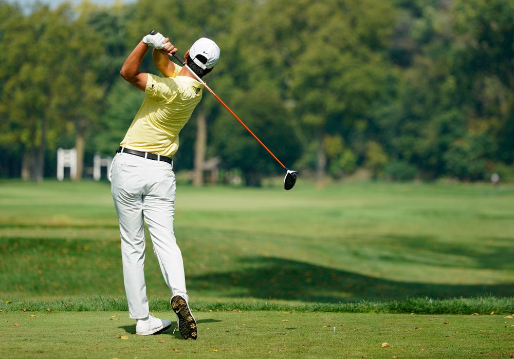 Iowa’s Joe Kim tees off during the third day of the Golfweek Conference Challenge at the Cedar Rapids Country Club in Cedar Rapids on Tuesday, Sep 17, 2019. (Stephen Mally/hawkeyesports.com)