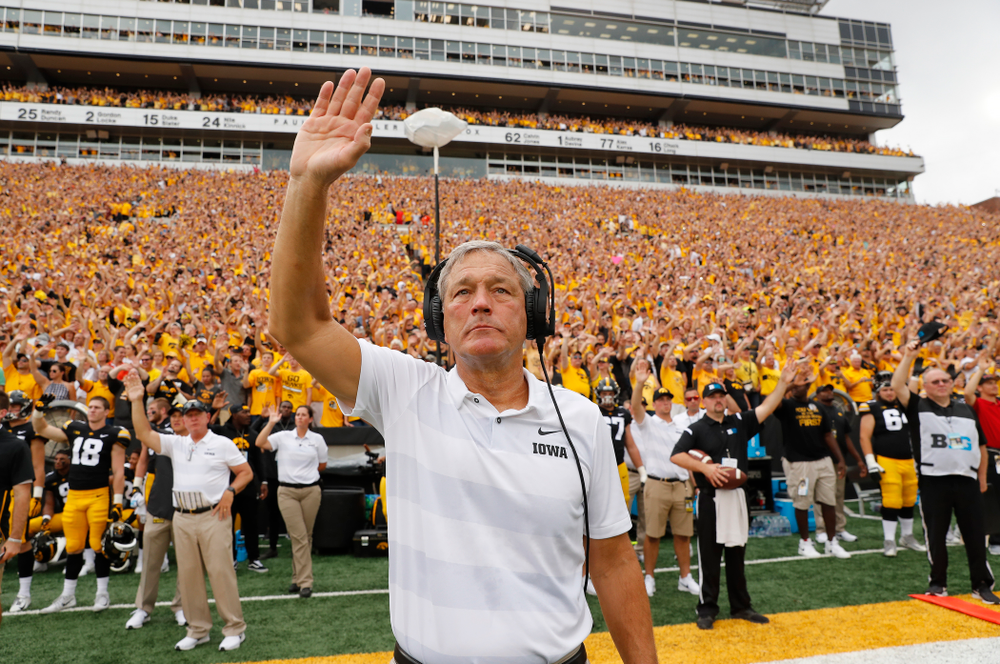 Iowa Hawkeyes head coach Kirk Ferentz waves to the Stead Family Children's Hospital during their game against the Northern Illinois Huskies Saturday, September 1, 2018 at Kinnick Stadium. (Brian Ray/hawkeyesports.com)
