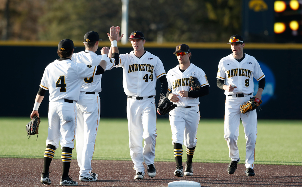 Iowa Hawkeyes outfielder Robert Neustrom (44) against Northern Illinois Tuesday, April 17, 2018 at Duane Banks Field. (Brian Ray/hawkeyesports.com)