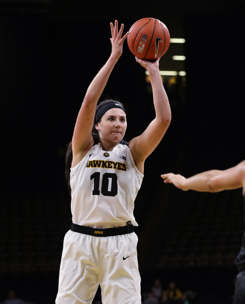 Iowa Hawkeyes forward Megan Gustafson (10) against Dakota Wesleyan University Tuesday, November 6, 2018 at Carver-Hawkeye Arena. (Brian Ray/hawkeyesports.com)