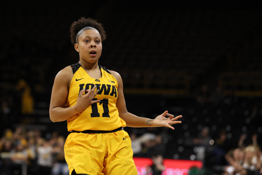 Iowa Hawkeyes guard Tania Davis (11) celebrates a three point basket against the Michigan State Spartans Thursday, February 7, 2019 at Carver-Hawkeye Arena. (Brian Ray/hawkeyesports.com)