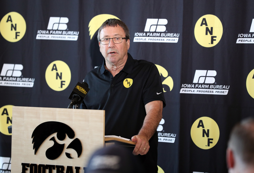 Iowa Farm Bureau Executive Director Joe Johnson addresses the media Tuesday, October 8, 2019 at the Hansen Football Performance Center. (Brian Ray/hawkeyesports.com)