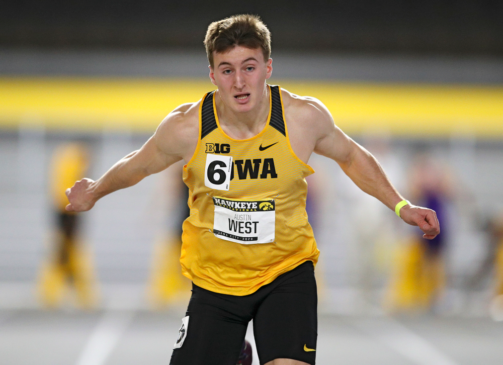 Iowa’s Austin West runs in the men’s 60 meter dash prelim event during the Hawkeye Invitational at the Recreation Building in Iowa City on Saturday, January 11, 2020. (Stephen Mally/hawkeyesports.com)