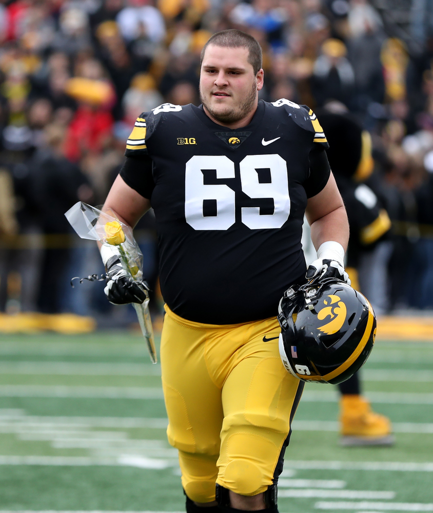 Iowa Hawkeyes offensive lineman Keegan Render (69) during senior day activities before their game against the Nebraska Cornhuskers Friday, November 23, 2018 at Kinnick Stadium. (Brian Ray/hawkeyesports.com)