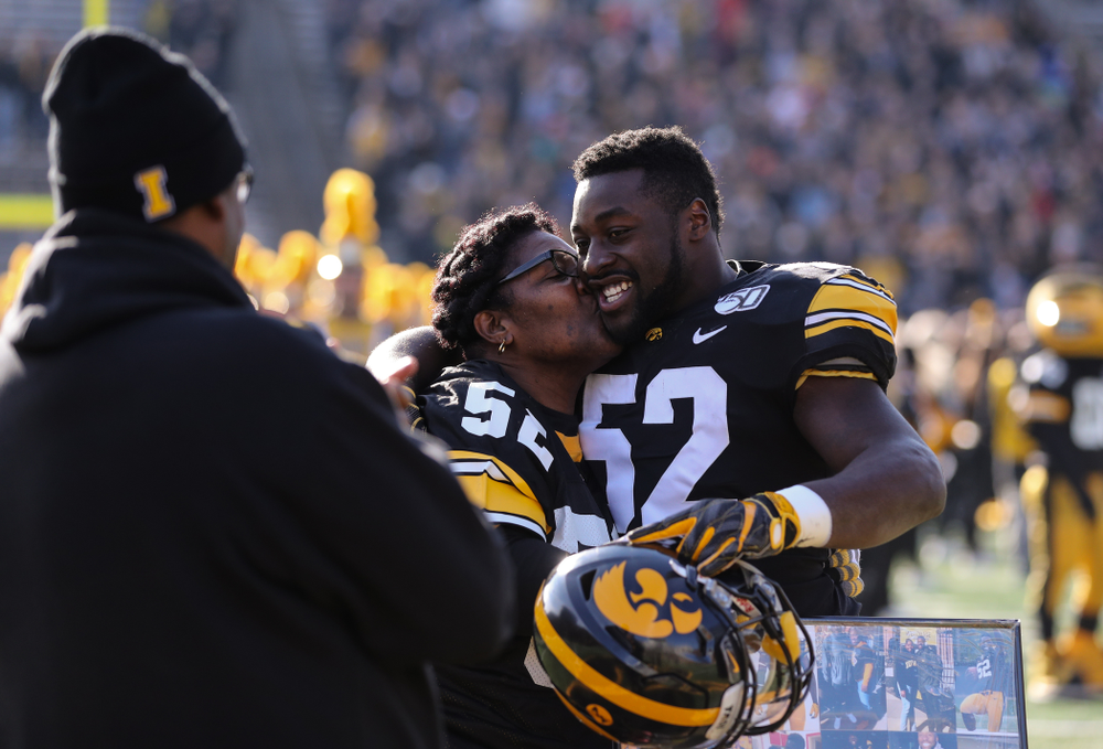Iowa Hawkeyes linebacker Amani Jones (52) during Senior Day festivities before their game against the Illinois Fighting Illini Saturday, November 23, 2019 at Kinnick Stadium. (Brian Ray/hawkeyesports.com)