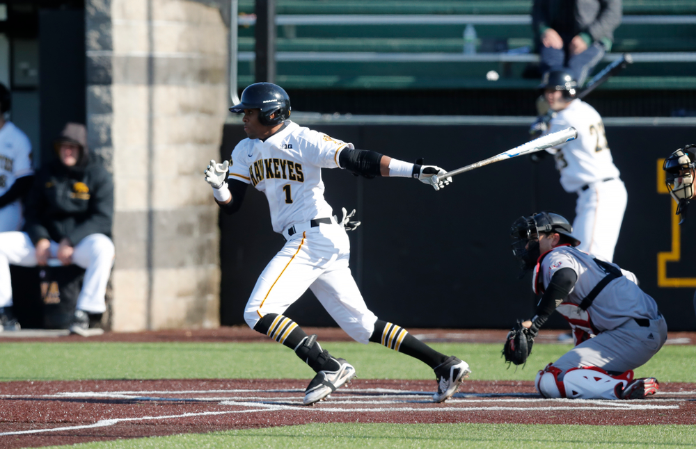 Iowa Hawkeyes third baseman Lorenzo Elion (1) against Northern Illinois Tuesday, April 17, 2018 at Duane Banks Field. (Brian Ray/hawkeyesports.com)