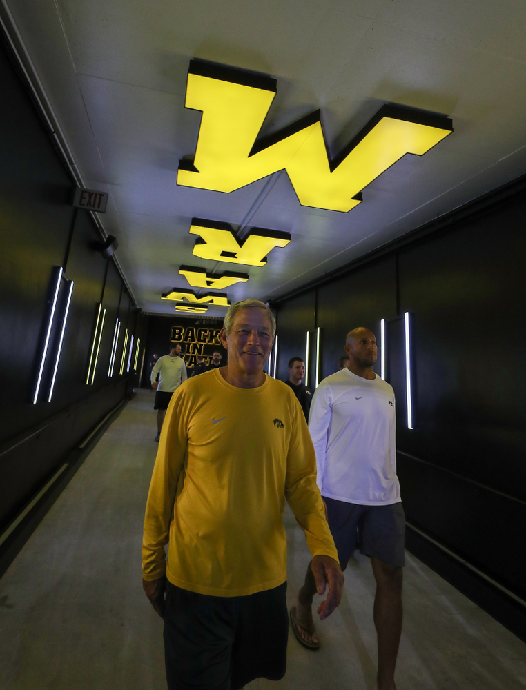 The Hawkeye Football Team sees the updates to their entrance tunnel at Kinnick Stadium for the first time Thursday, August 22, 2019 in Iowa City. (Brian Ray/hawkeyesports.com)