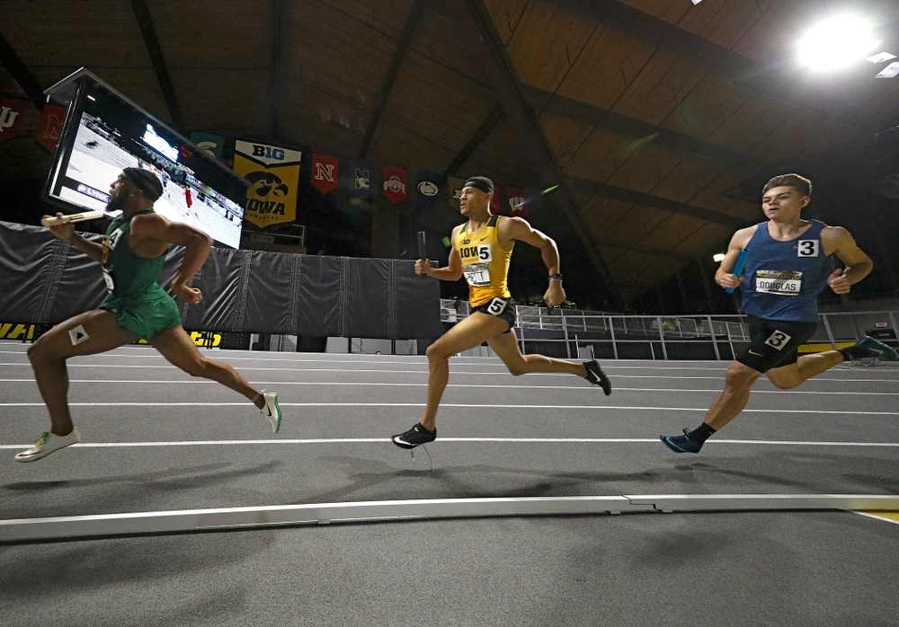 Iowa’s Jamal Britt runs the men’s 1600 meter relay premier event during the Larry Wieczorek Invitational at the Recreation Building in Iowa City on Saturday, January 18, 2020. (Stephen Mally/hawkeyesports.com)