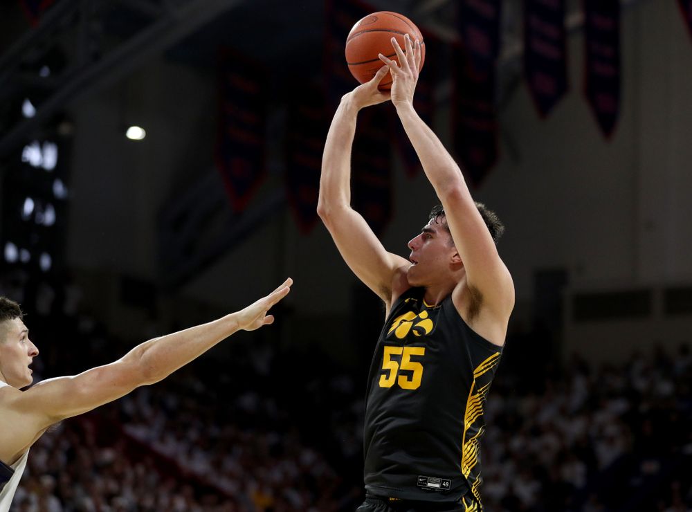 Iowa Hawkeyes forward Luka Garza (55) against Penn State Saturday, January 4, 2020 at the Palestra in Philadelphia. (Brian Ray/hawkeyesports.com)