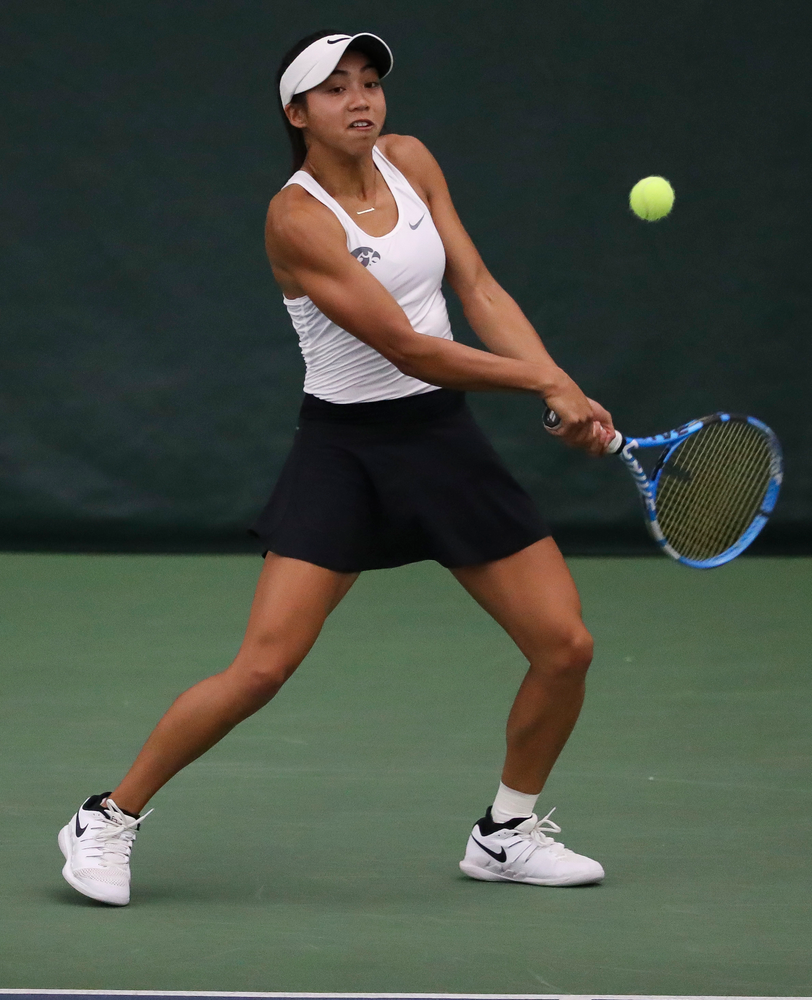 Michelle Bacalla returns a shot in a doubles match during the second day of the ITA Central Regional Championships at the Hawkeye Tennis and Recreation Complex on October 13, 2018. (Tork Mason/hawkeyesports.com)