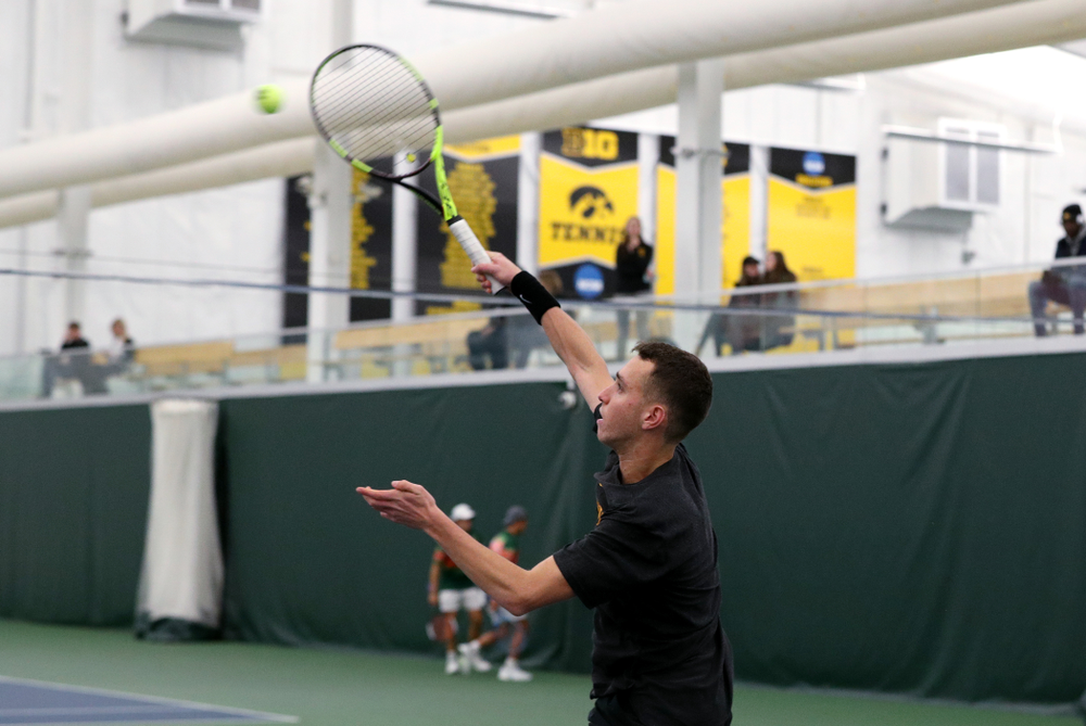 Kareem Allaf against the Miami Hurricanes Friday, February 8, 2019 at the Hawkeye Tennis and Recreation Complex. (Brian Ray/hawkeyesports.com)