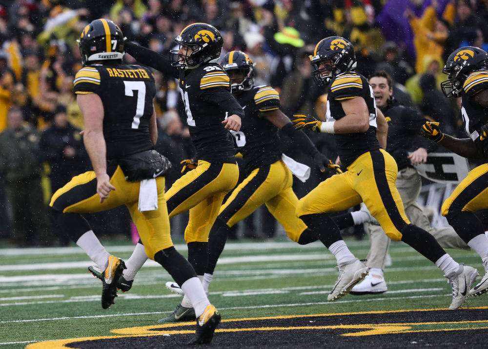 Iowa Hawkeyes placekicker Miguel Recinos (91) celebrates after hitting a 41-yard game-winning field goal as time expired during a game against Nebraska at Kinnick Stadium on November 23, 2018. (Tork Mason/hawkeyesports.com)