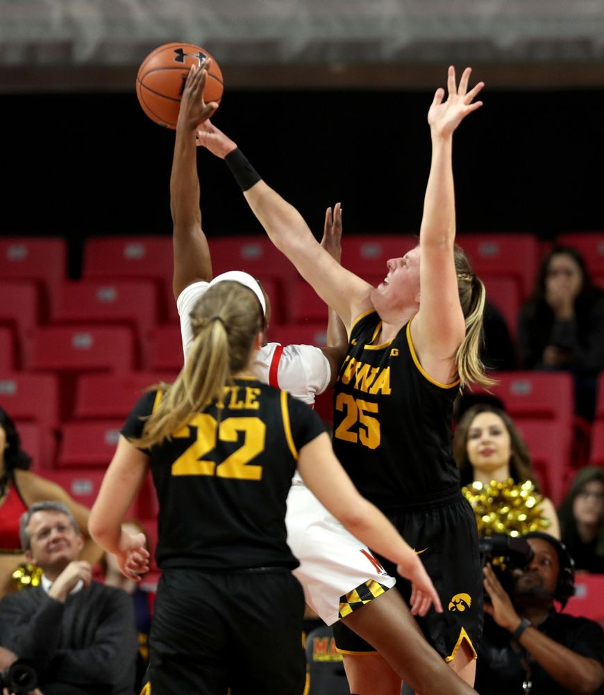 Iowa Hawkeyes forward/center Monika Czinano (25) against the Maryland Terrapins Thursday, February 13, 2020 at the Xfinity Center in College Park, MD. (Brian Ray/hawkeyesports.com)