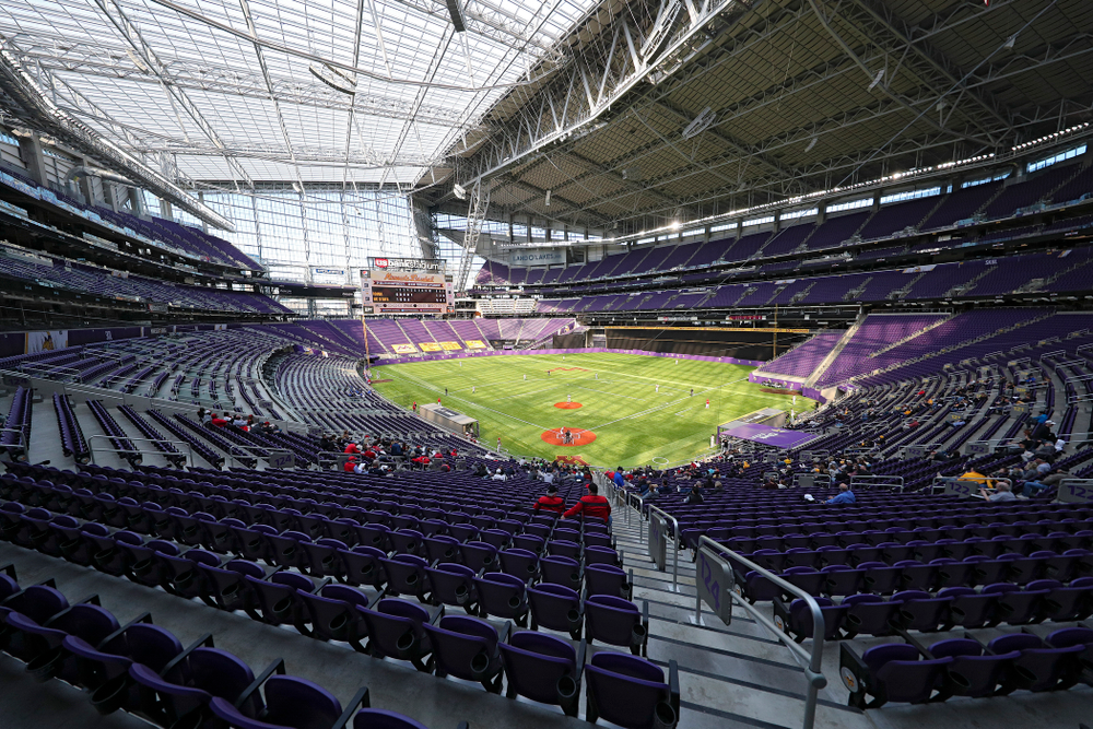 The Iowa Hawkeyes field during the fifth inning of their CambriaCollegeClassic game at U.S. Bank Stadium in Minneapolis, Minn. on Friday, February 28, 2020. (Stephen Mally/hawkeyesports.com)