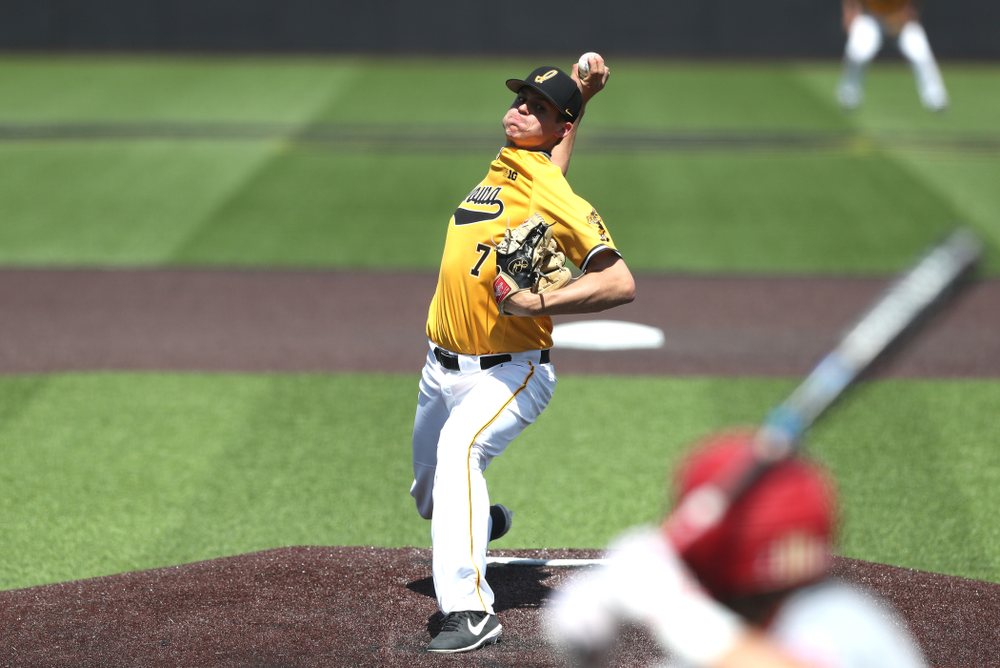 Iowa Hawkeyes Grant Judkins (7) against the Nebraska Cornhuskers Sunday, April 21, 2019 at Duane Banks Field. (Brian Ray/hawkeyesports.com)