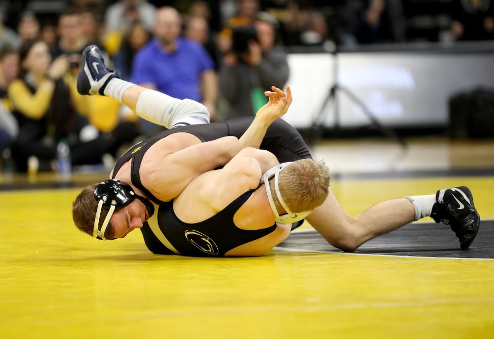 Iowa’s Spencer Lee wrestles Penn State’s Brandon Meredith at 125 pounds Friday, January 31, 2020 at Carver-Hawkeye Arena.Lee won the match by technical fall. (Brian Ray/hawkeyesports.com)