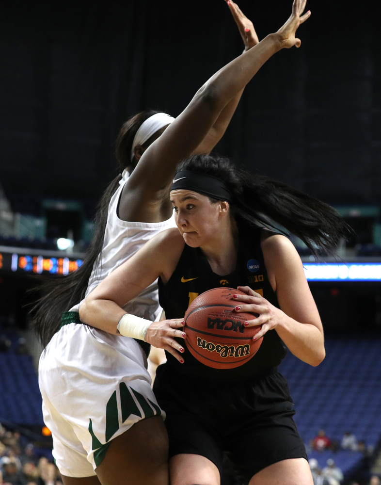 Iowa Hawkeyes forward Megan Gustafson (10) against the Baylor Lady Bears in the regional final of the 2019 NCAA Women's College Basketball Tournament Monday, April 1, 2019 at Greensboro Coliseum in Greensboro, NC.(Brian Ray/hawkeyesports.com)