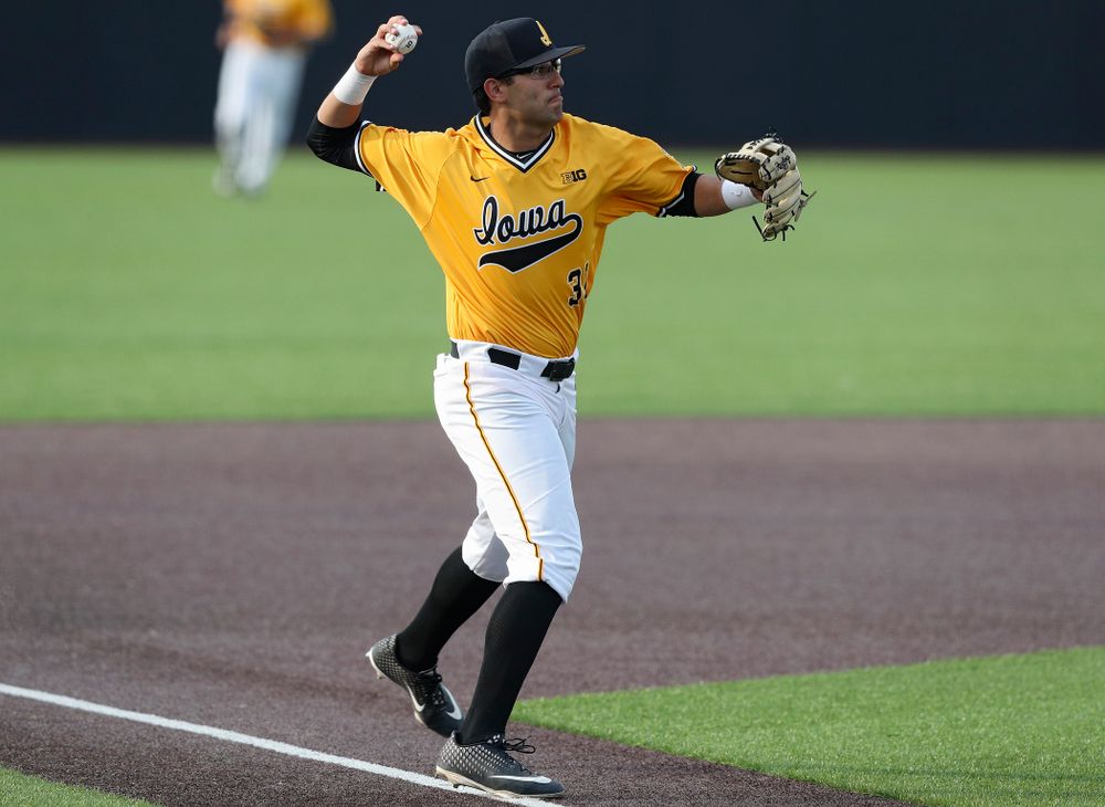Iowa Hawkeyes third baseman Matthew Sosa (31) throws to first for an out during the fifth inning of their game against Northern Illinois at Duane Banks Field in Iowa City on Tuesday, Apr. 16, 2019. (Stephen Mally/hawkeyesports.com)