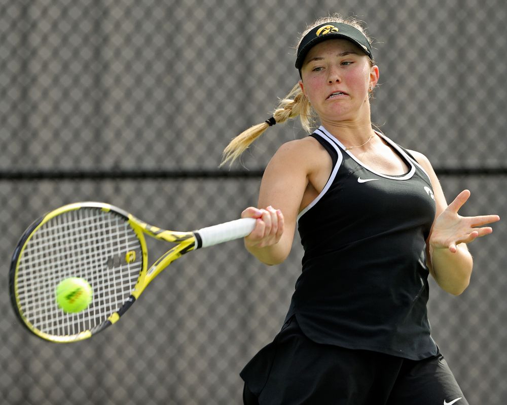 Iowa's Danielle Burich during a match against Rutgers at the Hawkeye Tennis and Recreation Complex in Iowa City on Friday, Apr. 5, 2019. (Stephen Mally/hawkeyesports.com)